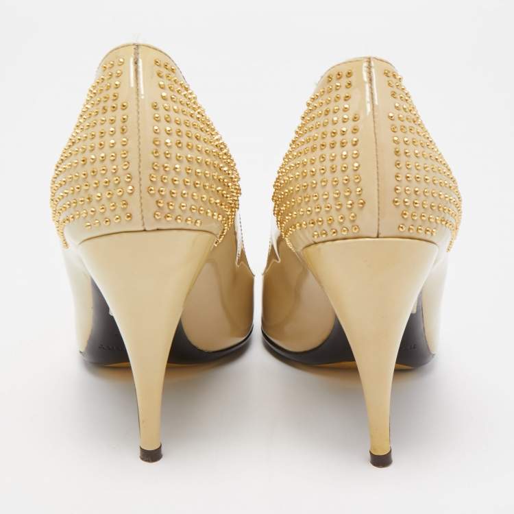 Pre Owned Burberry Beige Patent Leather Studded Pointed Toe Pumps Size 38