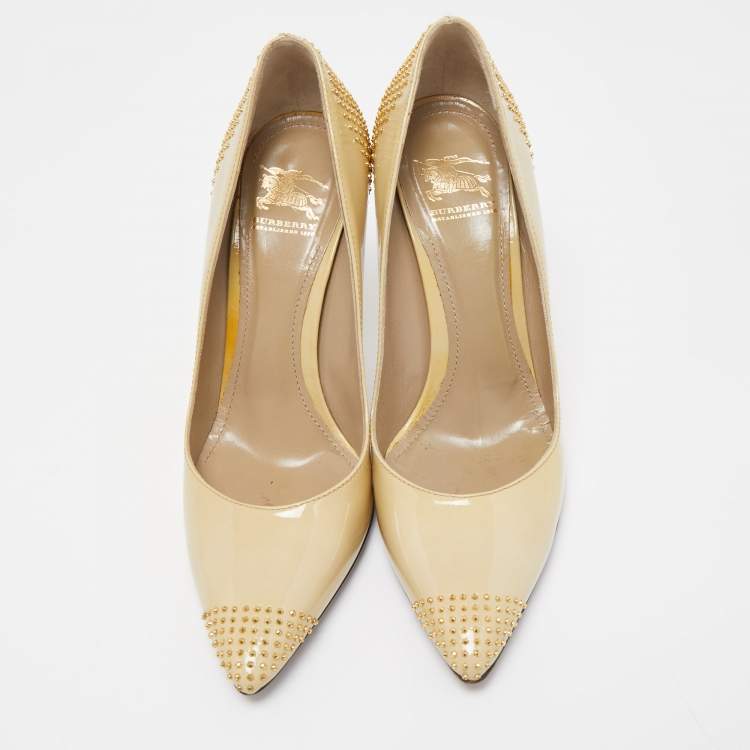 Pre Owned Burberry Beige Patent Leather Studded Pointed Toe Pumps Size 38