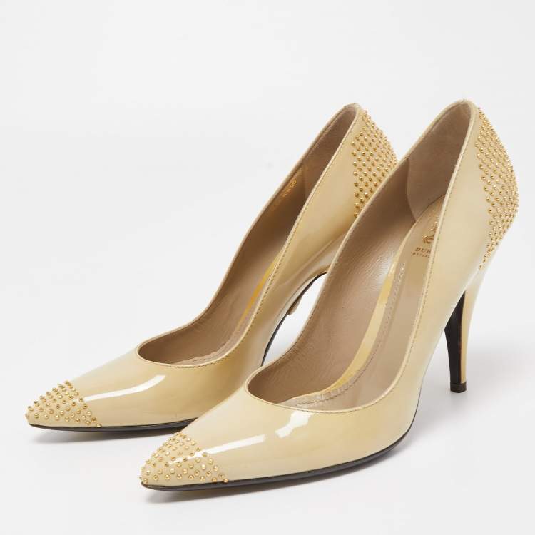 Pre Owned Burberry Beige Patent Leather Studded Pointed Toe Pumps Size 38