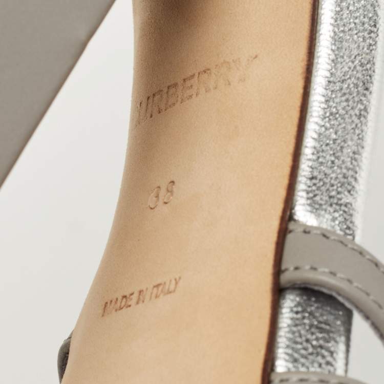 Pre Owned Burberry Cloud Grey Leather Hove Heel Ankle Strap Sandals Size 38