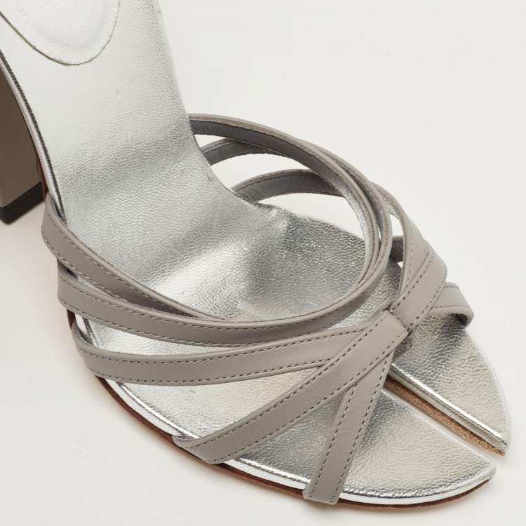Pre Owned Burberry Cloud Grey Leather Hove Heel Ankle Strap Sandals Size 38