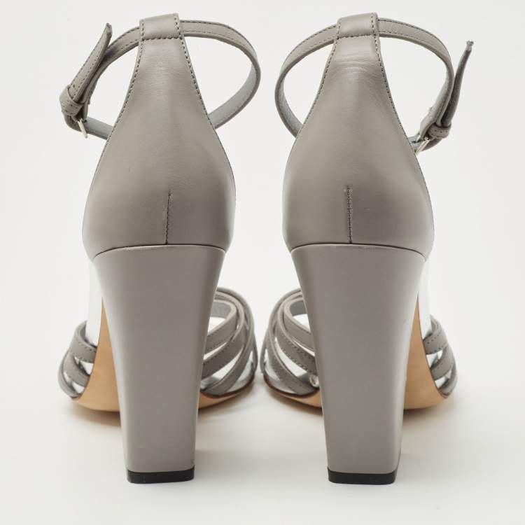 Pre Owned Burberry Cloud Grey Leather Hove Heel Ankle Strap Sandals Size 38