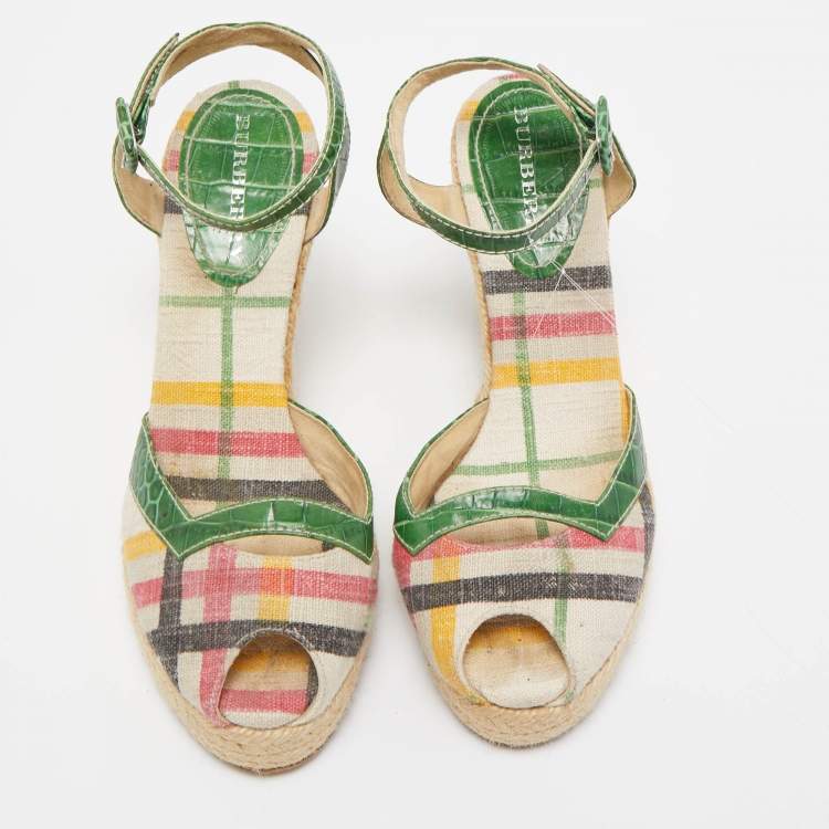 Pre Owned Burberry Multicolor Canvas and Croc Embossed Leather Wedge Sandals Size 40