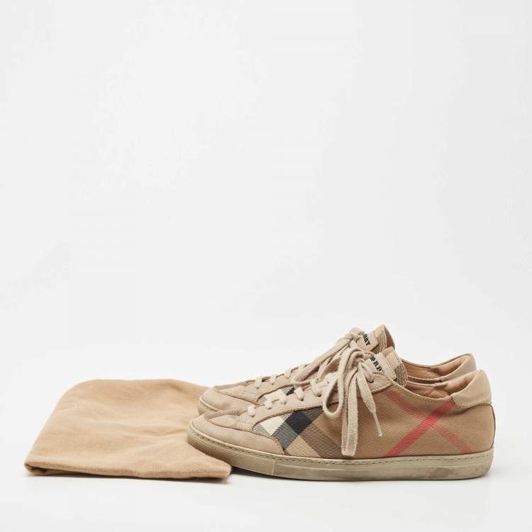 Pre Owned Burberry Beige Leather and House Check Canvas Low Top Sneakers Size 38