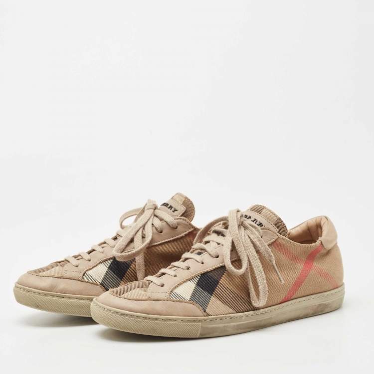 Pre Owned Burberry Beige Leather and House Check Canvas Low Top Sneakers Size 38