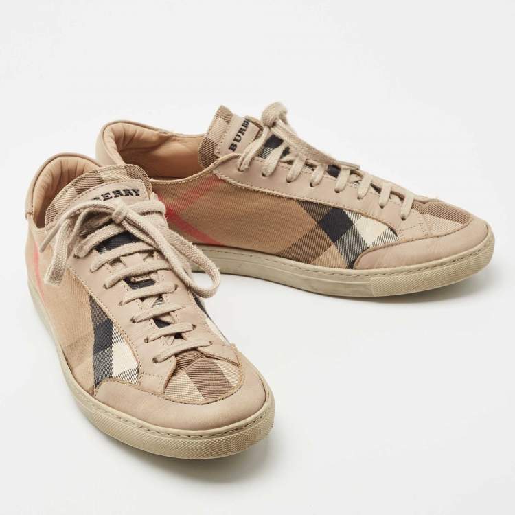 Pre Owned Burberry Beige Leather and House Check Canvas Low Top Sneakers Size 38
