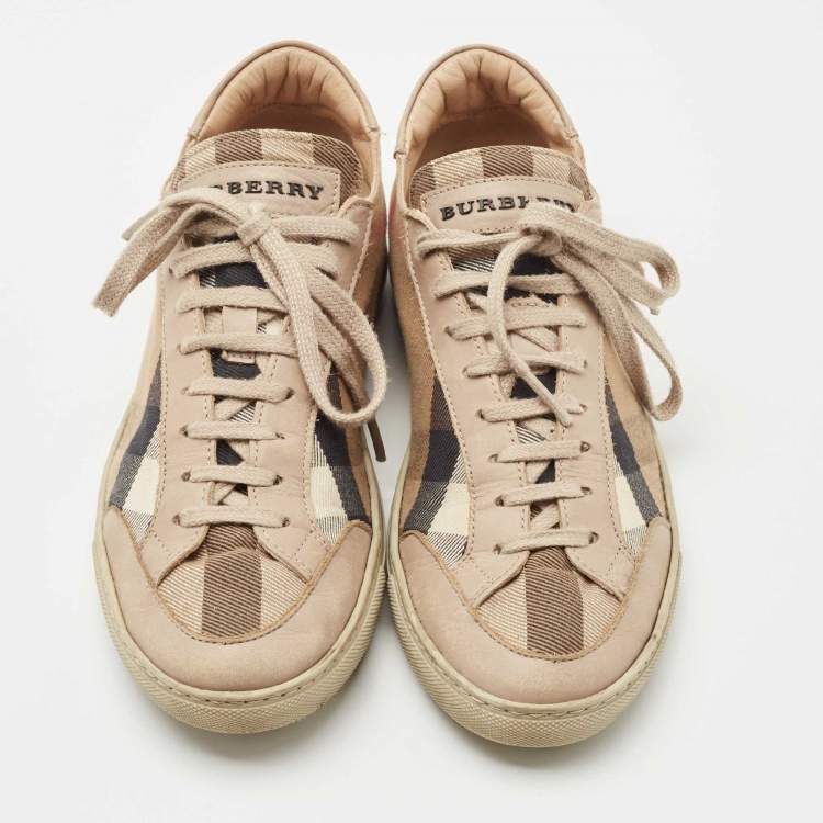 Pre Owned Burberry Beige Leather and House Check Canvas Low Top Sneakers Size 38