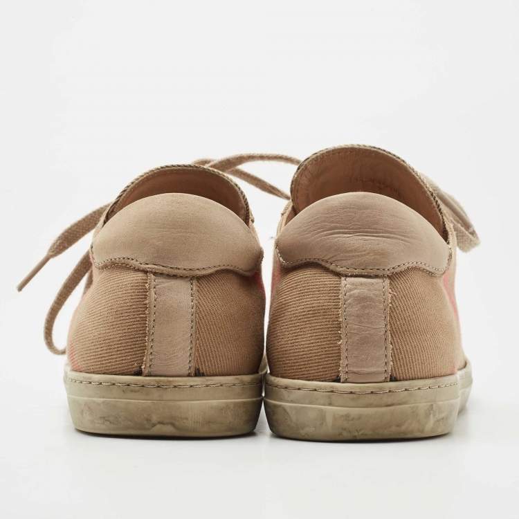 Pre Owned Burberry Beige Leather and House Check Canvas Low Top Sneakers Size 38