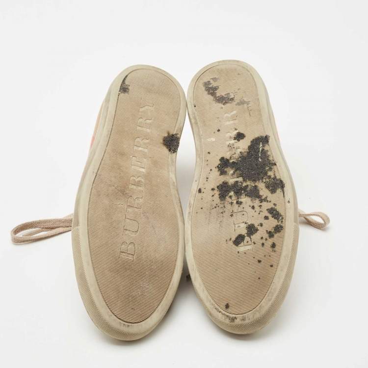 Pre Owned Burberry Beige Leather and House Check Canvas Low Top Sneakers Size 38