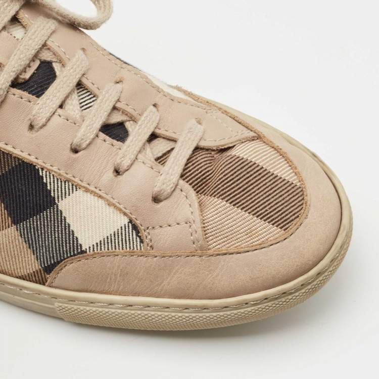 Pre Owned Burberry Beige Leather and House Check Canvas Low Top Sneakers Size 38
