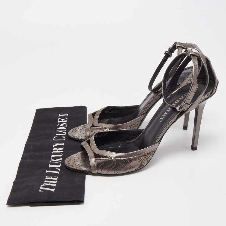 Pre Owned Burberry Metallic Leather Perforated Ankle Strap Sandals Size 39