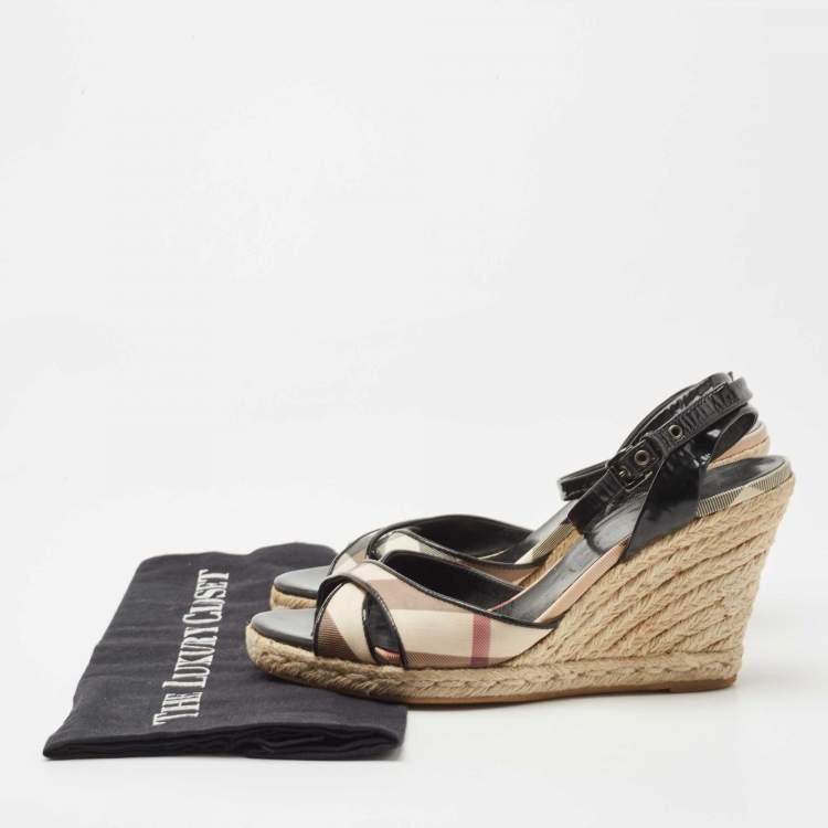 Pre Owned Burberry Black/Beige House Check Leather Espadrilles Wedges Sandals Size 38