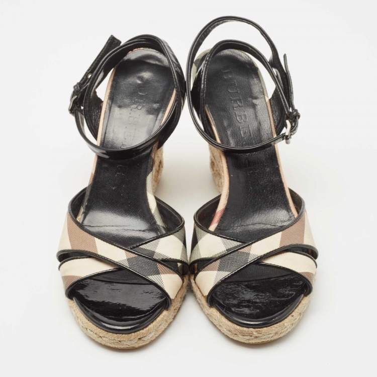 Pre Owned Burberry Black/Beige House Check Leather Espadrilles Wedges Sandals Size 38
