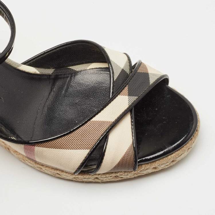 Pre Owned Burberry Black/Beige House Check Leather Espadrilles Wedges Sandals Size 38