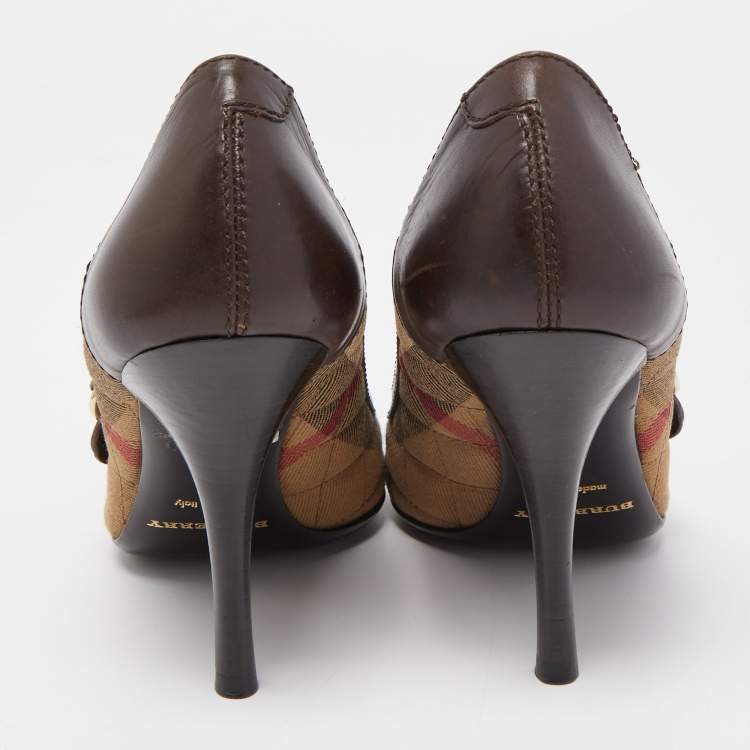 Pre Owned Burberry Brown/Beige Leather and House Check Canvas Pointed Toe Pumps Size 36