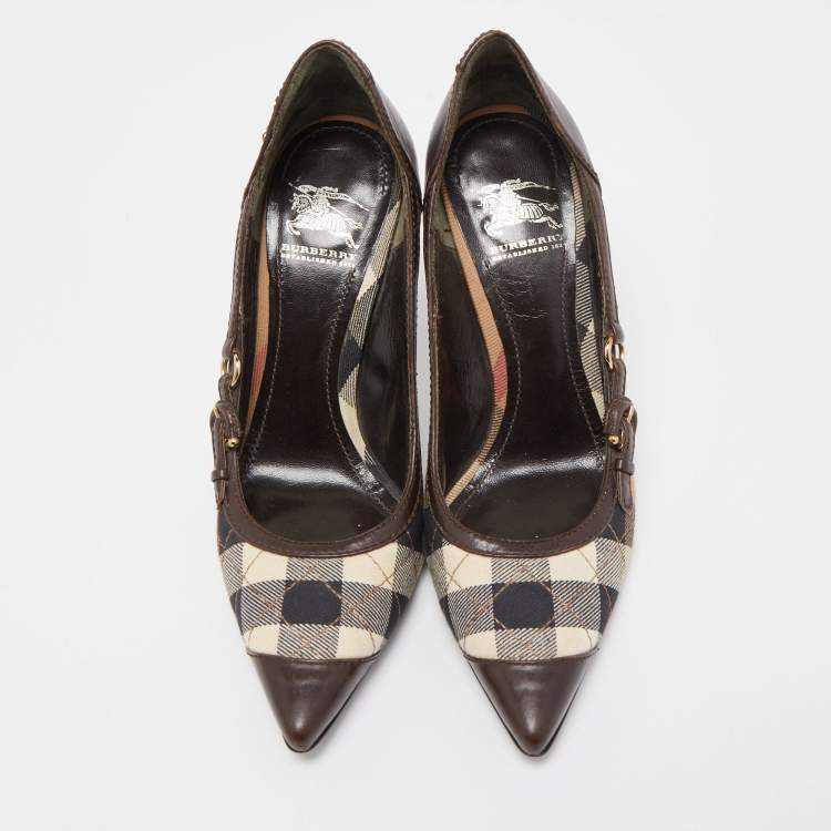 Pre Owned Burberry Brown/Beige Leather and House Check Canvas Pointed Toe Pumps Size 36