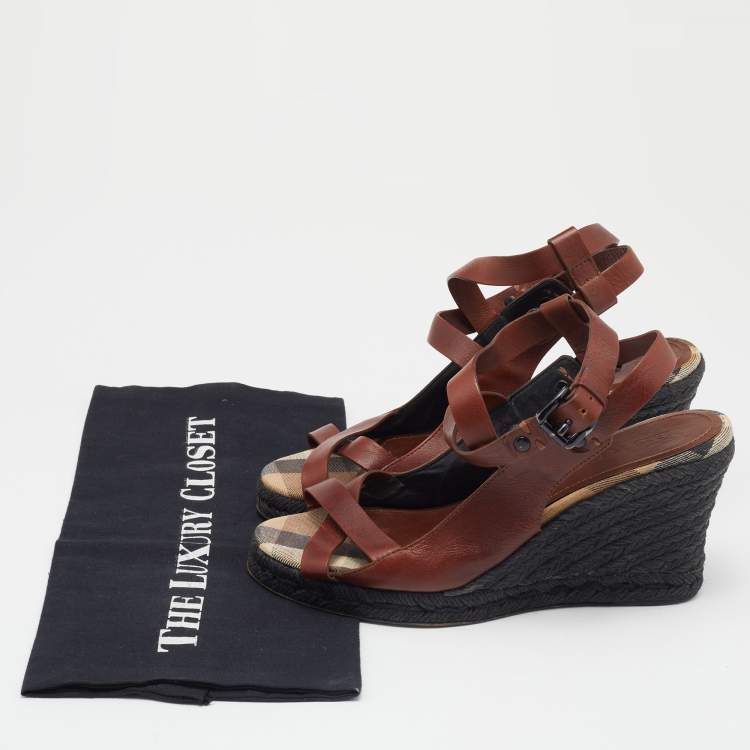 Pre Owned Burberry Brown Leather Espadrille Wedge Sandals Size 38
