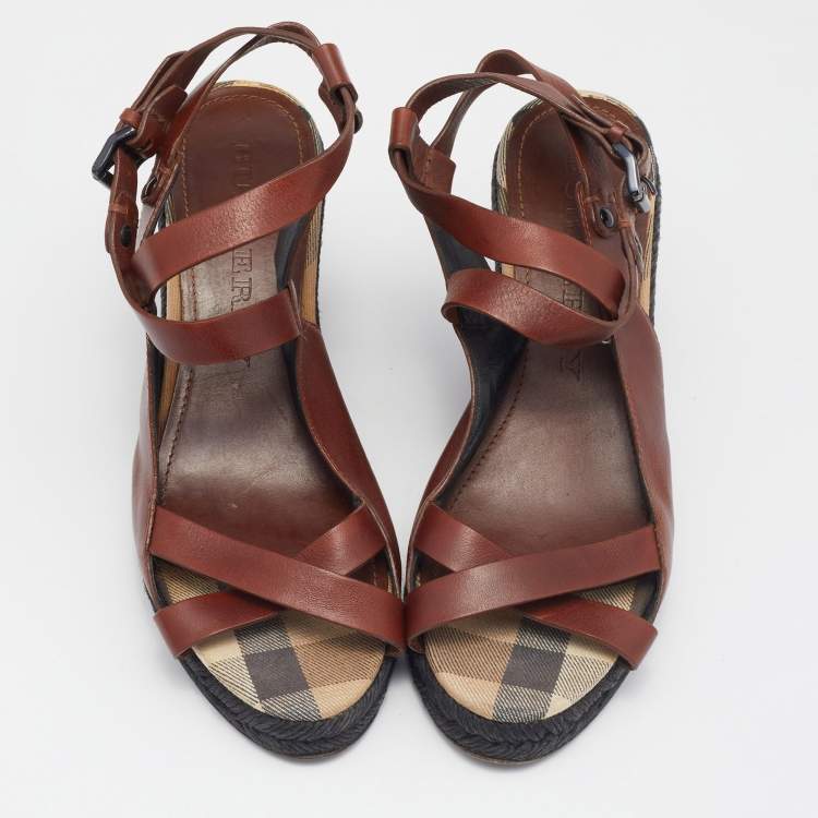 Pre Owned Burberry Brown Leather Espadrille Wedge Sandals Size 38