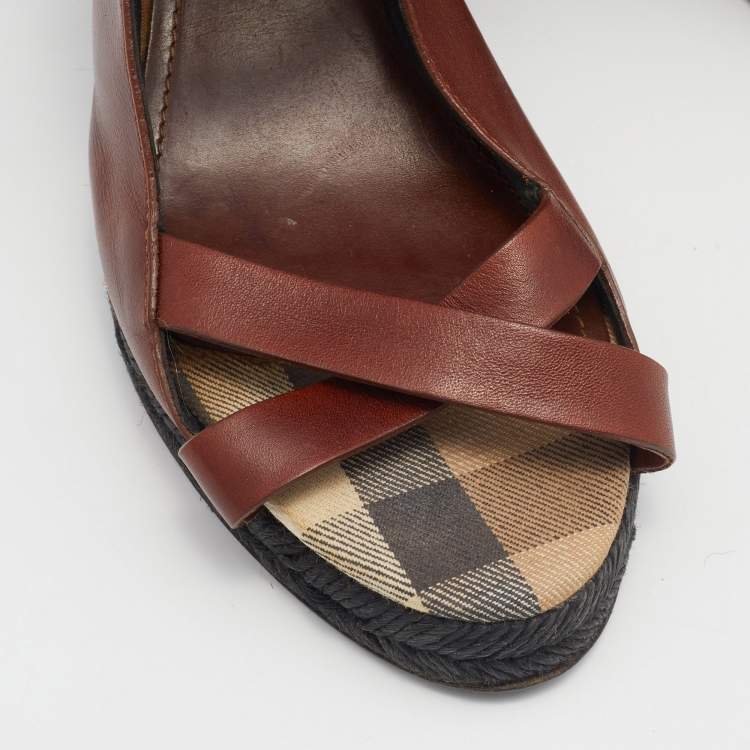 Pre Owned Burberry Brown Leather Espadrille Wedge Sandals Size 38