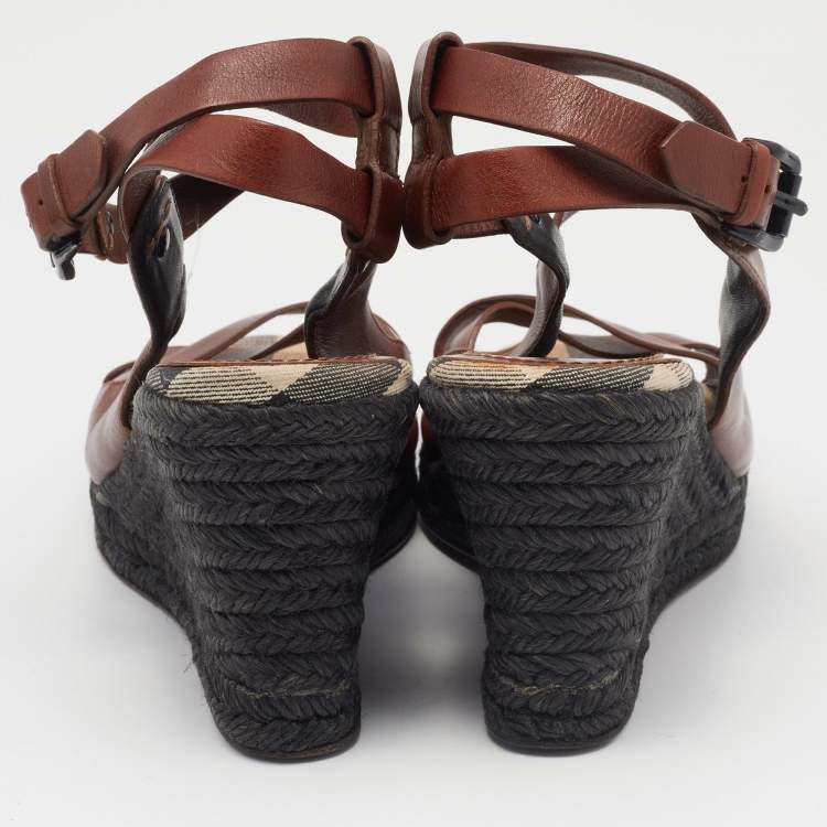 Pre Owned Burberry Brown Leather Espadrille Wedge Sandals Size 38