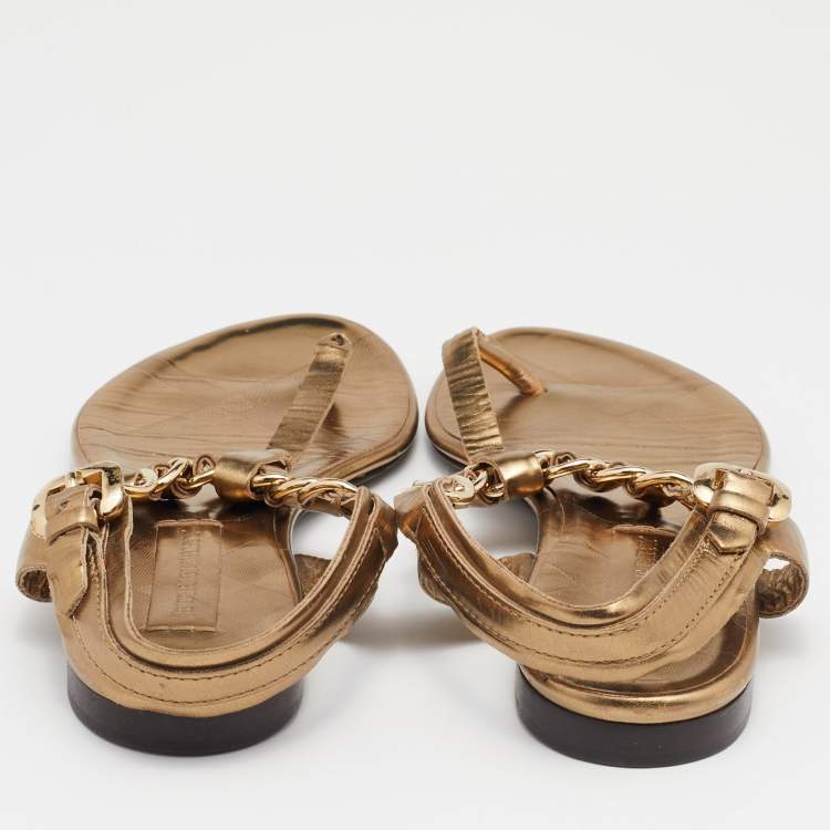 Pre Owned Burberry Gold Leather T Strap Flat Sandals Size 37 