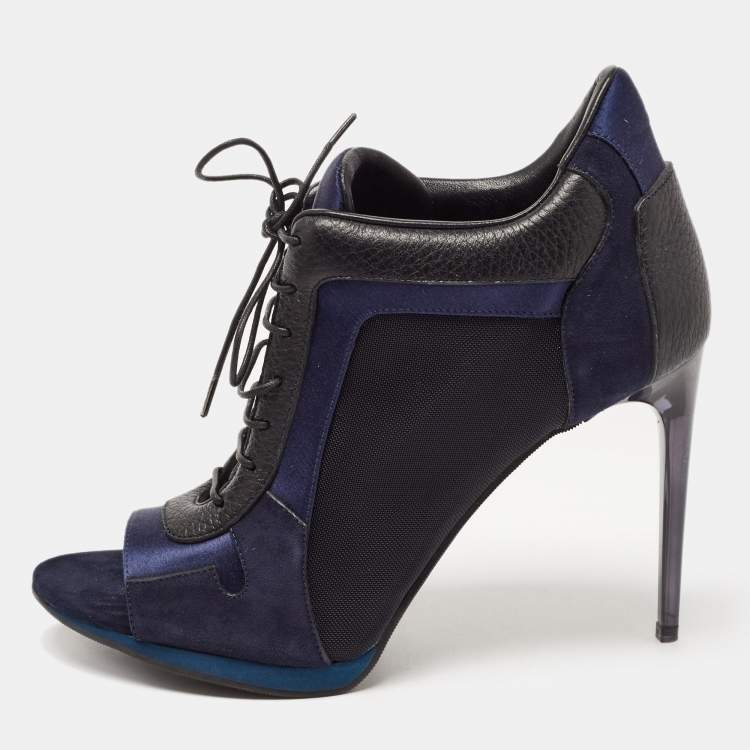 Pre Owned Burberry Black/Blue Suede And Mesh Lace Up Peep Toe Ankle Boots Size 37.5 