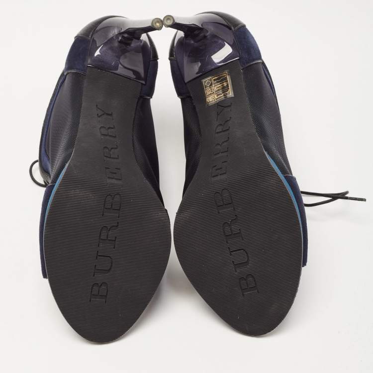 Pre Owned Burberry Black/Blue Suede And Mesh Lace Up Peep Toe Ankle Boots Size 37.5 