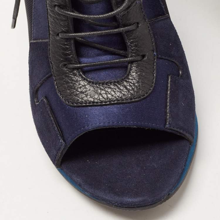 Pre Owned Burberry Black/Blue Suede And Mesh Lace Up Peep Toe Ankle Boots Size 37.5 