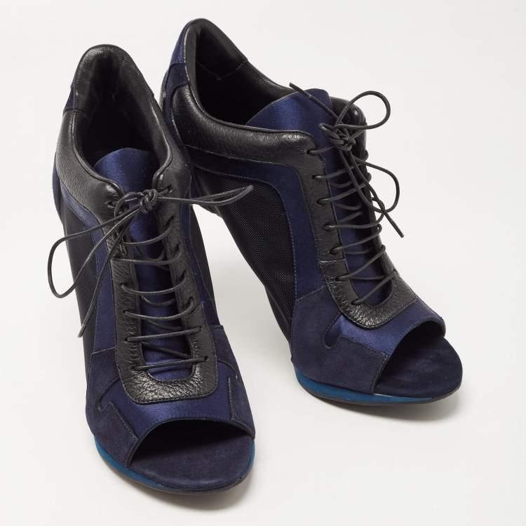 Pre Owned Burberry Black/Blue Suede And Mesh Lace Up Peep Toe Ankle Boots Size 37.5 
