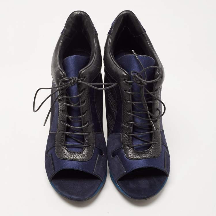 Pre Owned Burberry Black/Blue Suede And Mesh Lace Up Peep Toe Ankle Boots Size 37.5 