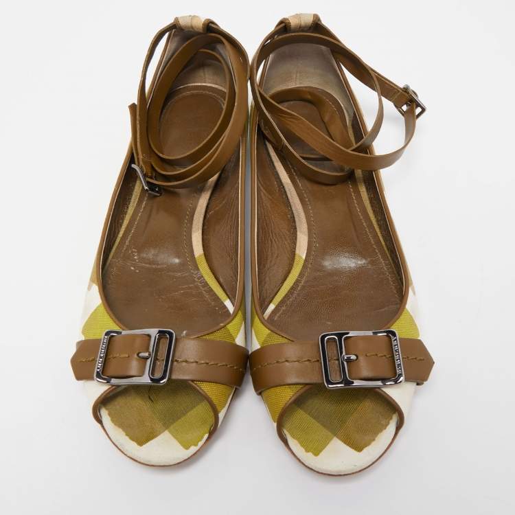 Pre Owned Burberry Green/Beige Check Canvas and Leather Open Toe Ankle Wrap Flats Size 39