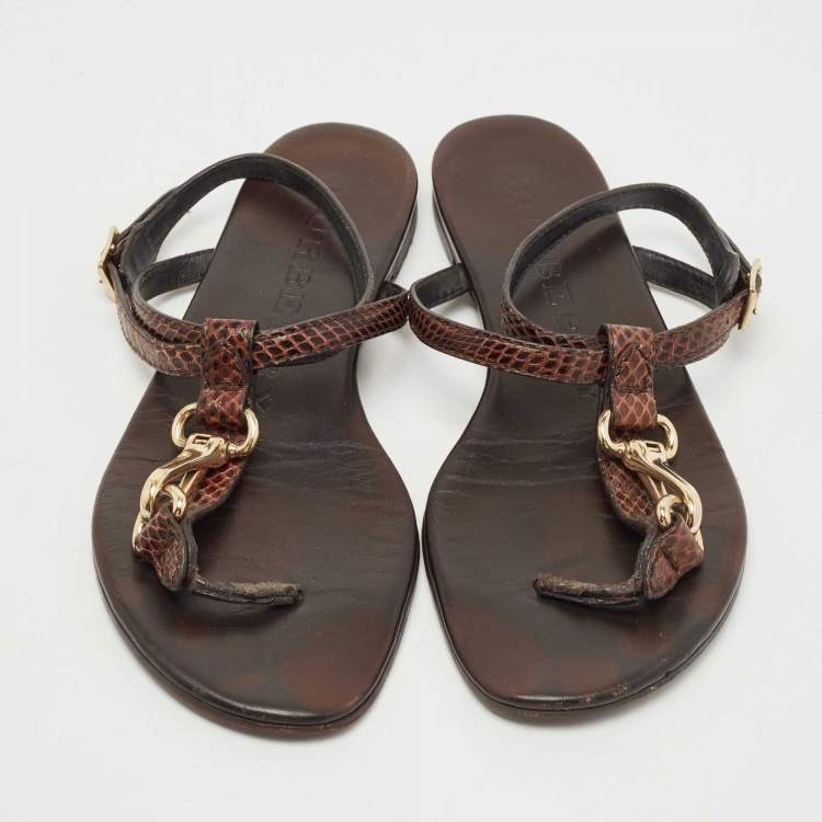 Pre Owned Burberry Brown Python Ankle Strap Flat Sandals Size 37