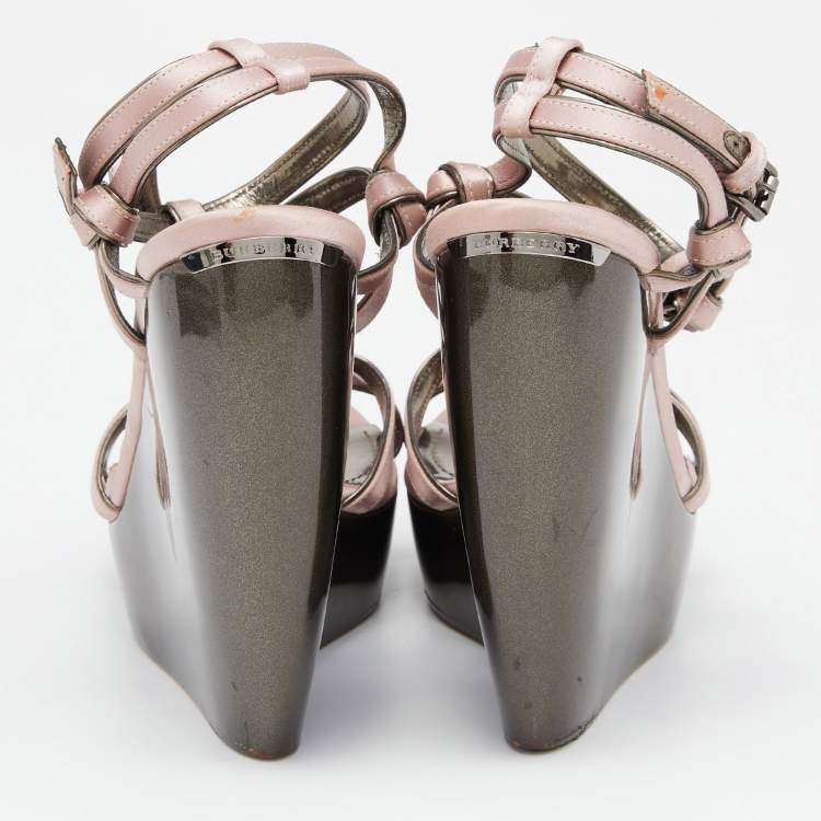Pre Owned Burberry Pink Satin Ankle Wrap Wedge Sandals Size 40