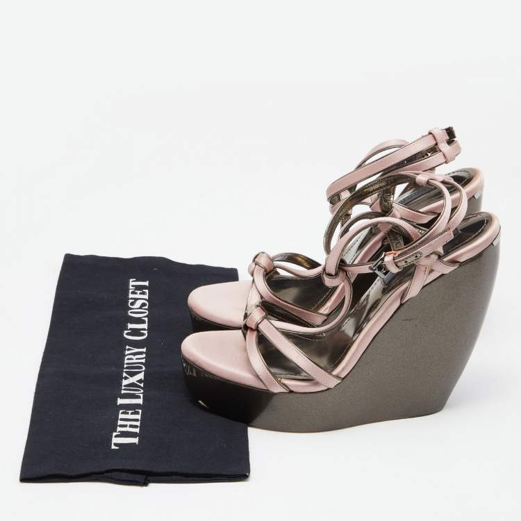 Pre Owned Burberry Pink Satin Ankle Wrap Wedge Sandals Size 40