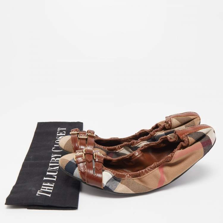 Pre Owned Burberry Brown Leather and Nova Check Canvas Buckle Scrunch Ballet Flats Size 39