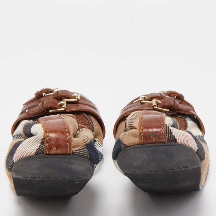 Pre Owned Burberry Brown Leather and Nova Check Canvas Buckle Scrunch Ballet Flats Size 39