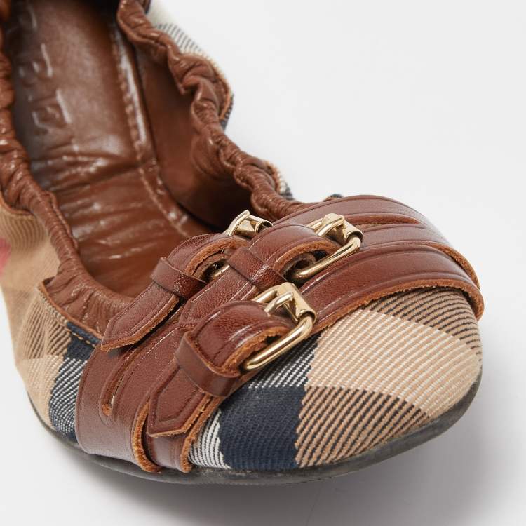Pre Owned Burberry Brown Leather and Nova Check Canvas Buckle Scrunch Ballet Flats Size 39