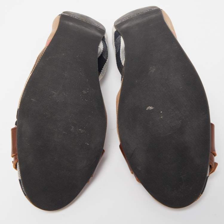 Pre Owned Burberry Brown Leather and Nova Check Canvas Buckle Scrunch Ballet Flats Size 39