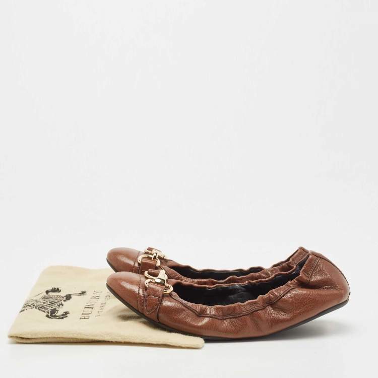 Pre Owned Burberry Brown Leather Scrunch Ballet Flats Size 37