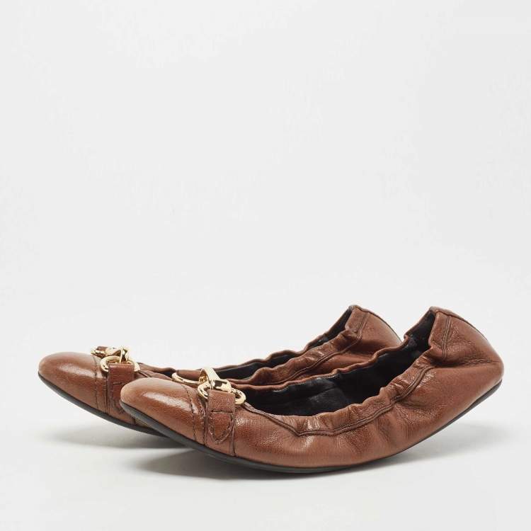Pre Owned Burberry Brown Leather Scrunch Ballet Flats Size 37