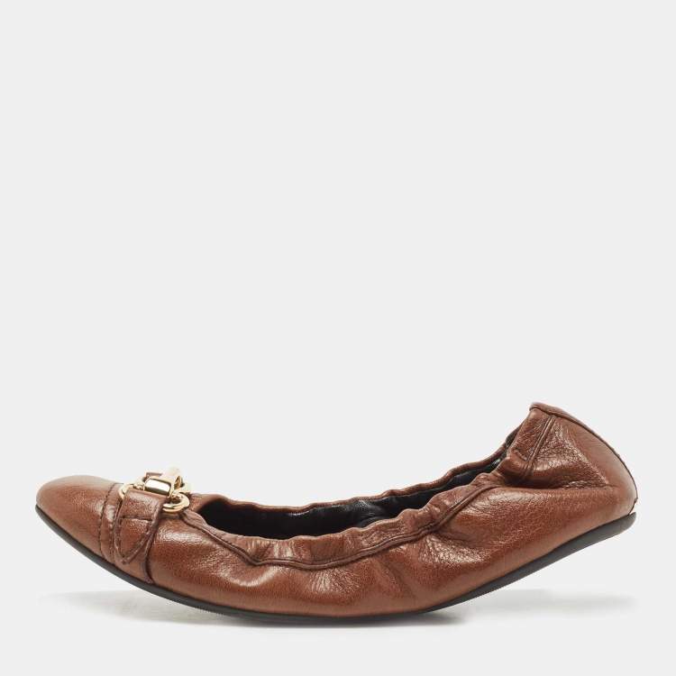 Pre Owned Burberry Brown Leather Scrunch Ballet Flats Size 37