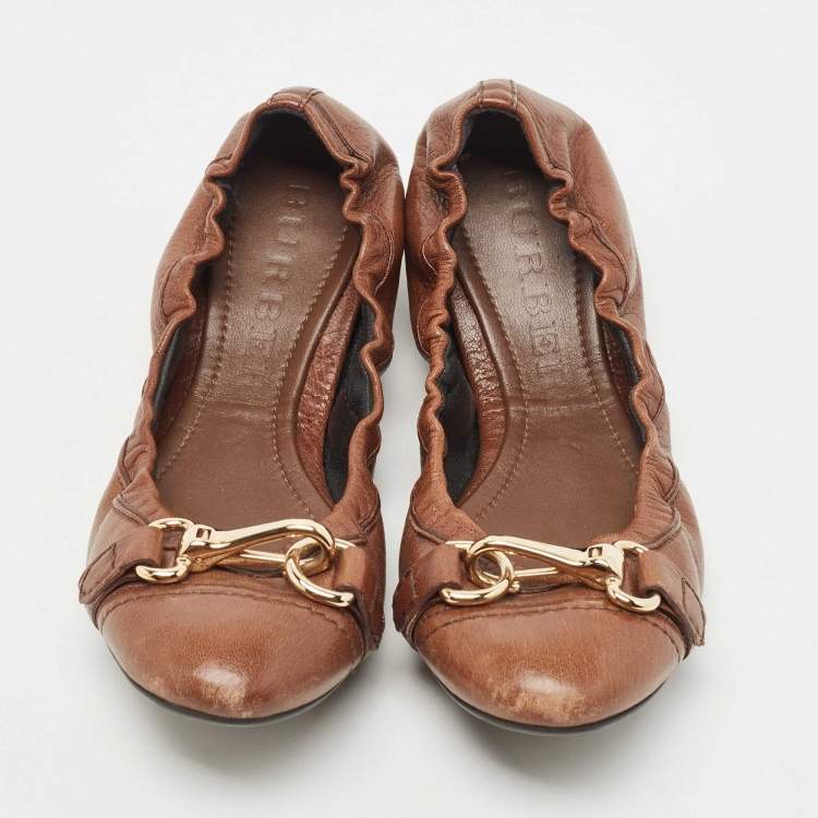 Pre Owned Burberry Brown Leather Scrunch Ballet Flats Size 37