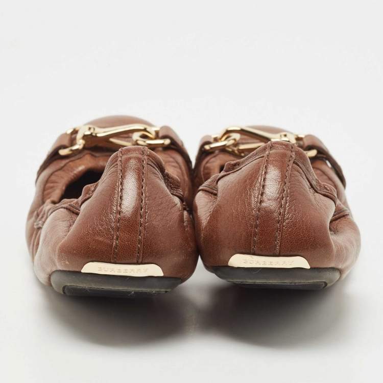 Pre Owned Burberry Brown Leather Scrunch Ballet Flats Size 37