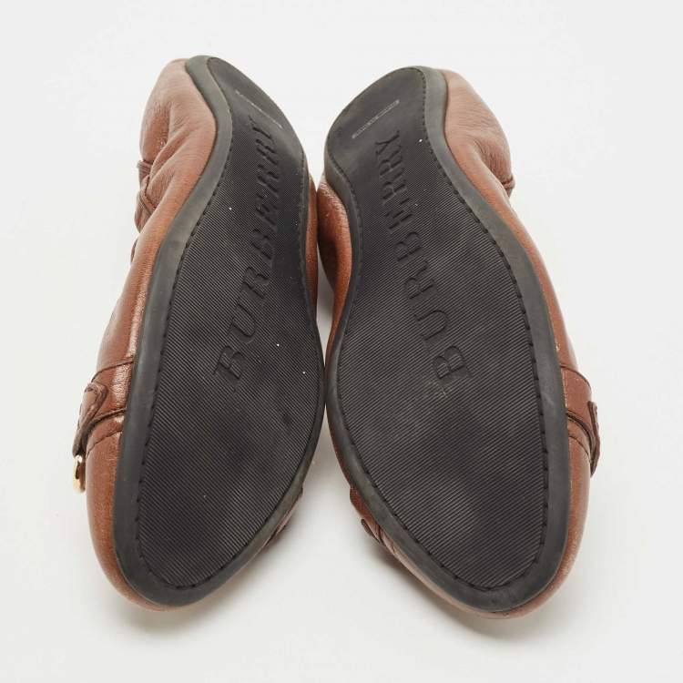 Pre Owned Burberry Brown Leather Scrunch Ballet Flats Size 37