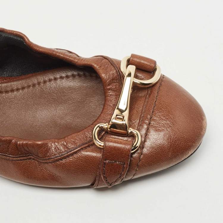 Pre Owned Burberry Brown Leather Scrunch Ballet Flats Size 37