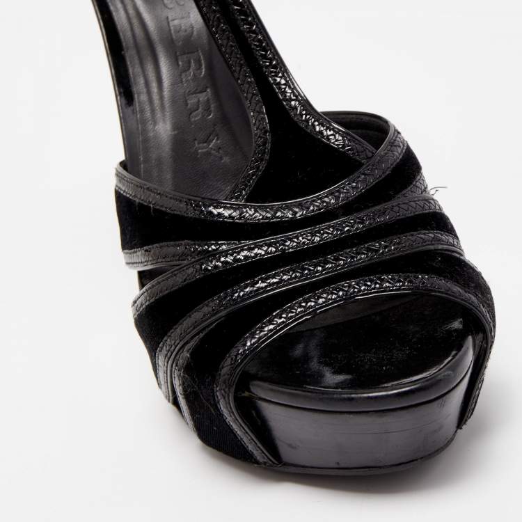 Pre Owned Burberry Black Velvet and Leather T-Strap Platform Sandals Size 39
