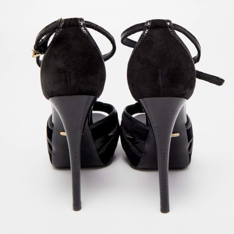 Pre Owned Burberry Black Velvet and Leather T-Strap Platform Sandals Size 39