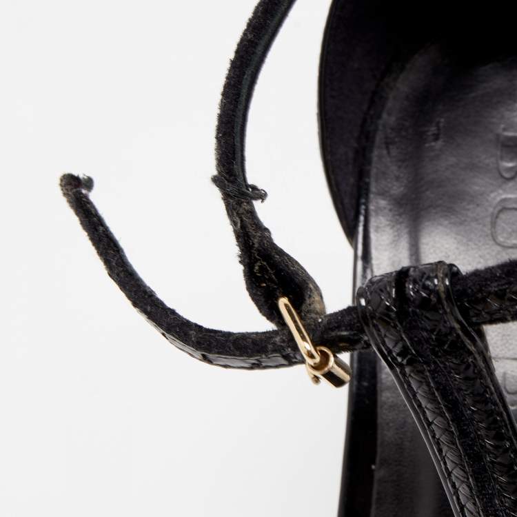 Pre Owned Burberry Black Velvet and Leather T-Strap Platform Sandals Size 39