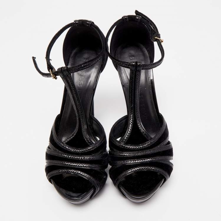 Pre Owned Burberry Black Velvet and Leather T-Strap Platform Sandals Size 39