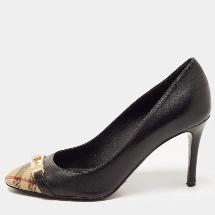 Pre Owned Burberry Black Leather and House Check Canvas Cap Toe Twist Lock Pumps Size 36